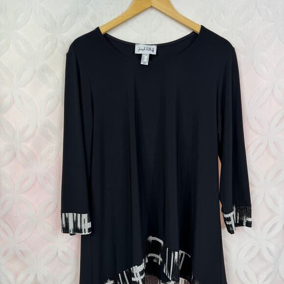 Joseph Ribkoff Macrame Black White 3/4 Sleeve High Lo Tunic Size 14 - Picture 6 of 9